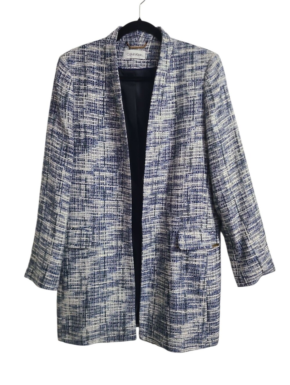 Calvin Klein Navy and White Tweed Open-Front Blazer Coat
